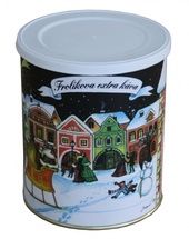 Frolíkova Extra káva vánoční mletá 250 g v dóze - chuť je velmi jemně do hořka s nádechem oříšků. Jan Frolík - Pražírna kávy