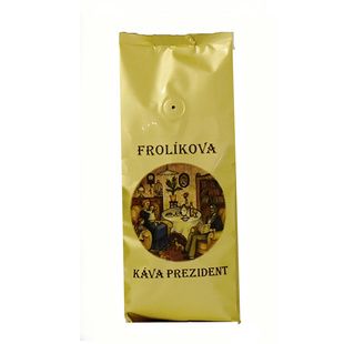 Frolíkova káva Prezident 1000 gr zrnková. Jedná se o specifickou chuť kávy pocházející z Afriky. Jan Frolík - Pražírna kávy
