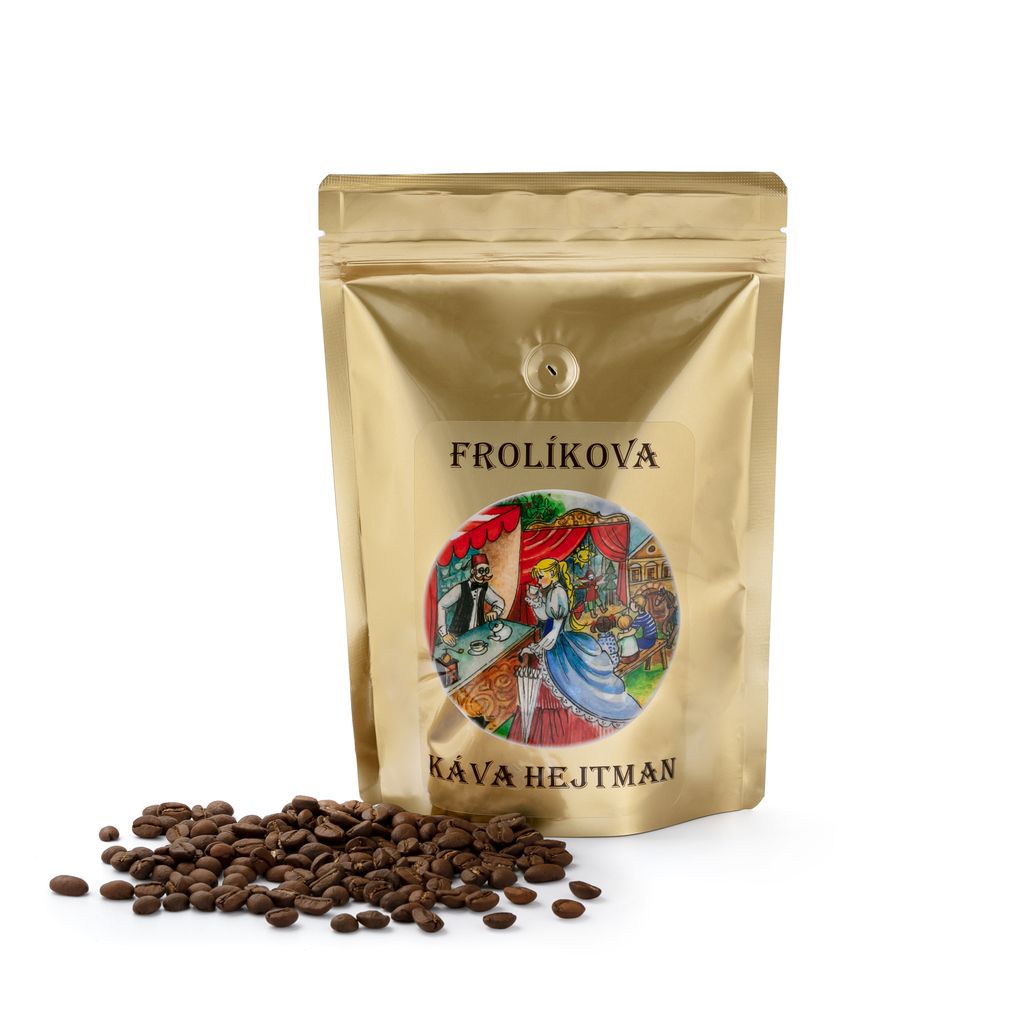 Frolíkova káva Hejtman 250 g jsou opět použity jako u všech našich káv suroviny prvních jakostí. Exkluzivita této směsi je dána poměrem Robusty s Arabikou, kde je větší podíl Arabiky než u kávy z Borohrádku, což způsobuje velmi jemnou hořkost. Jan Frolík - Pražírna kávy