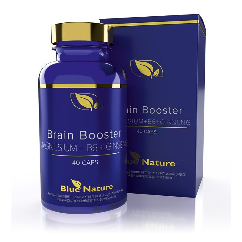 Brain Booster MAGNESIUM + B6 + GINSENG Doplněk stravy, 40 kapslí. Blue Nature