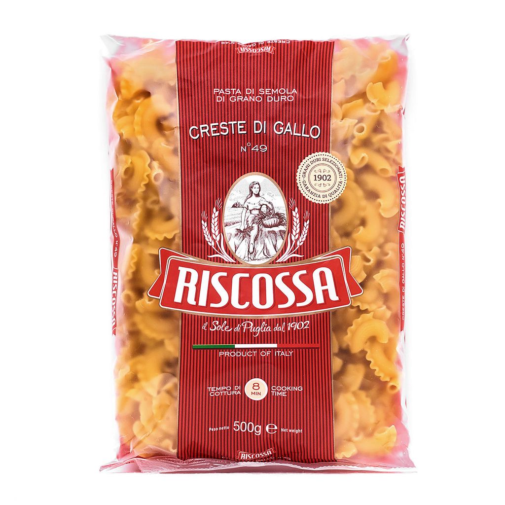 Creste di gallo kohoutí hřebeny jsou italské těstoviny ze semoliny z tvrdé pšenice (Triticum durum) typické pro neapolskou oblast. 500 g Pastificio Riscossa