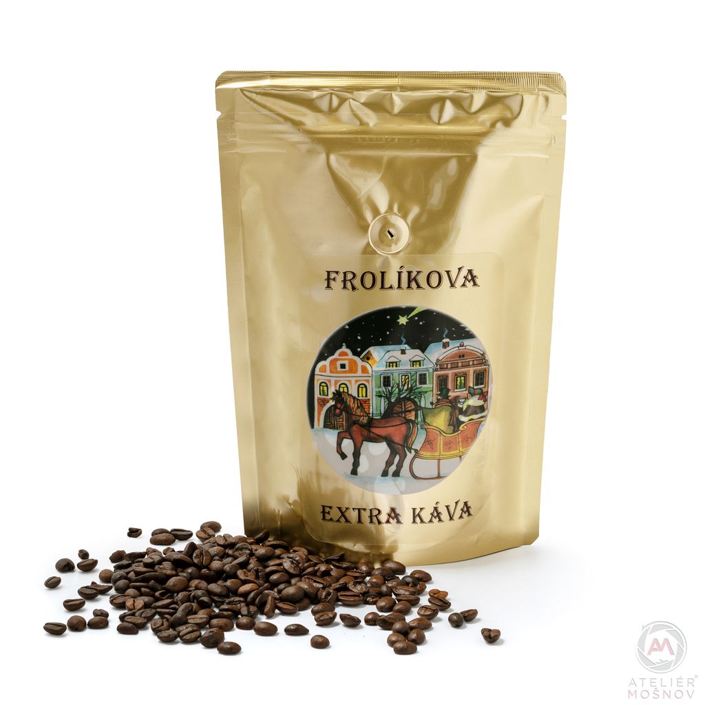 Frolíkova Extra káva vánoční zrnková 1000 g - chuť je velmi jemně do hořka s nádechem oříšků. Jan Frolík - Pražírna kávy