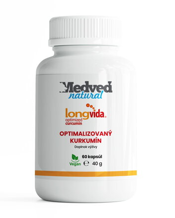Medvěd natural LongVida® optimalizovaný kurkumin obsahuje 400 mg vysoce koncentrovaného extraktu z kurkumy s obsahem 95% kurkuminoidů. 60 kapslí Medveď natural